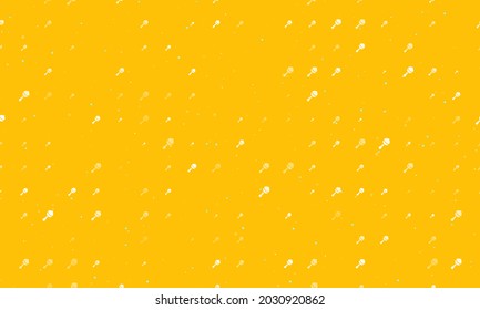 Seamless background pattern of evenly spaced white baby rattle symbols of different sizes and opacity. Vector illustration on amber background with stars