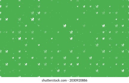 Seamless background pattern of evenly spaced white baby carriage symbols of different sizes and opacity. Vector illustration on green background with stars