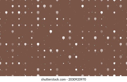 Seamless background pattern of evenly spaced white tree symbols of different sizes and opacity. Vector illustration on brown background with stars