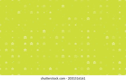 Seamless background pattern of evenly spaced white baby mobiles of different sizes and opacity. Vector illustration on lime background with stars