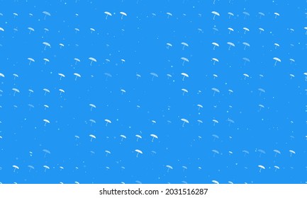 Seamless background pattern of evenly spaced white umbrella symbols of different sizes and opacity. Vector illustration on blue background with stars