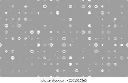 Seamless background pattern of evenly spaced white fast forward symbols of different sizes and opacity. Vector illustration on grey background with stars