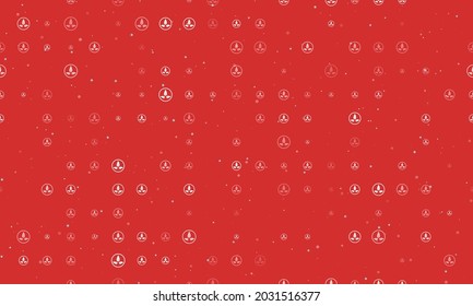 Seamless background pattern of evenly spaced white ecology symbols of different sizes and opacity. Vector illustration on red background with stars