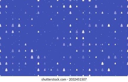 Seamless background pattern of evenly spaced white fir-tree symbols of different sizes and opacity. Vector illustration on indigo background with stars