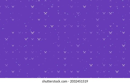 Seamless background pattern of evenly spaced white baseball bats symbols of different sizes and opacity. Vector illustration on deep purple background with stars