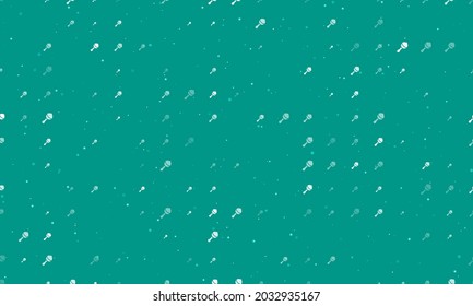 Seamless background pattern of evenly spaced white baby rattle symbols of different sizes and opacity. Vector illustration on teal background with stars