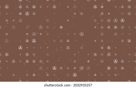 Seamless background pattern of evenly spaced white ecology symbols of different sizes and opacity. Vector illustration on brown background with stars