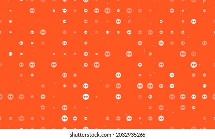 Seamless background pattern of evenly spaced white fast forward symbols of different sizes and opacity. Vector illustration on deep orange background with stars