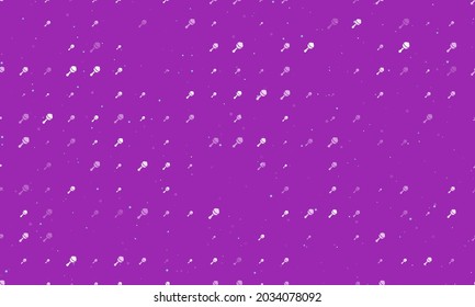 Seamless background pattern of evenly spaced white baby rattle symbols of different sizes and opacity. Vector illustration on purple background with stars