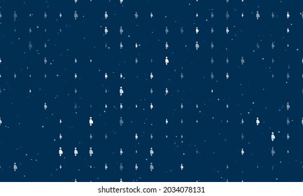 Seamless background pattern of evenly spaced white pregnant woman symbols of different sizes and opacity. Vector illustration on dark blue background with stars