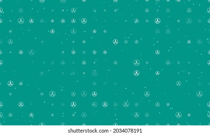 Seamless background pattern of evenly spaced white ecology symbols of different sizes and opacity. Vector illustration on teal background with stars