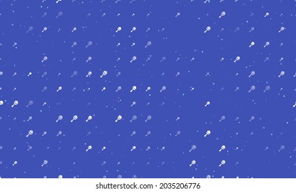Seamless background pattern of evenly spaced white baby rattle symbols of different sizes and opacity. Vector illustration on indigo background with stars
