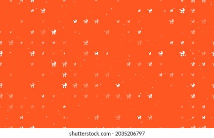Seamless background pattern of evenly spaced white baby carriage symbols of different sizes and opacity. Vector illustration on deep orange background with stars