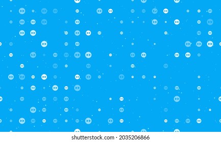 Seamless background pattern of evenly spaced white fast forward symbols of different sizes and opacity. Vector illustration on light blue background with stars