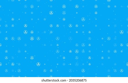 Seamless background pattern of evenly spaced white ecology symbols of different sizes and opacity. Vector illustration on light blue background with stars