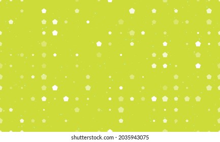 Seamless background pattern of evenly spaced white pentagon symbols of different sizes and opacity. Vector illustration on lime background with stars