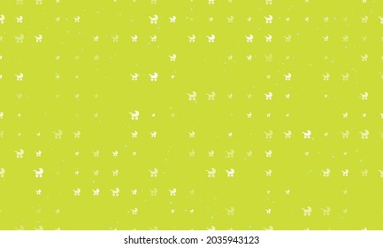 Seamless background pattern of evenly spaced white baby carriage symbols of different sizes and opacity. Vector illustration on lime background with stars