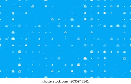 Seamless background pattern of evenly spaced white castle symbols of different sizes and opacity. Vector illustration on light blue background with stars