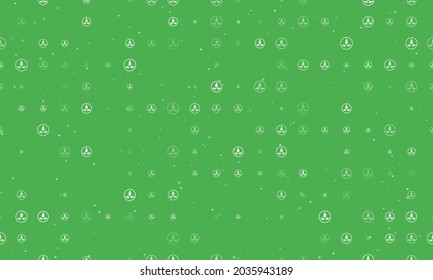 Seamless background pattern of evenly spaced white ecology symbols of different sizes and opacity. Vector illustration on green background with stars