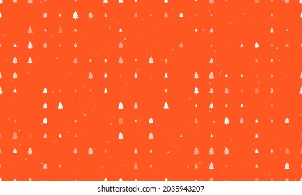 Seamless background pattern of evenly spaced white fir-tree symbols of different sizes and opacity. Vector illustration on deep orange background with stars