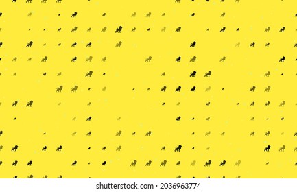 Seamless background pattern of evenly spaced black lion symbols of different sizes and opacity. Vector illustration on yellow background with stars