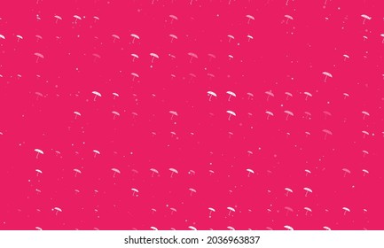 Seamless background pattern of evenly spaced white umbrella symbols of different sizes and opacity. Vector illustration on pink background with stars