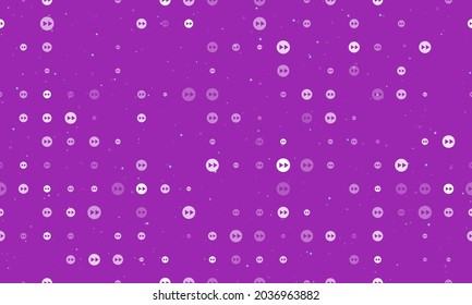 Seamless background pattern of evenly spaced white fast forward symbols of different sizes and opacity. Vector illustration on purple background with stars