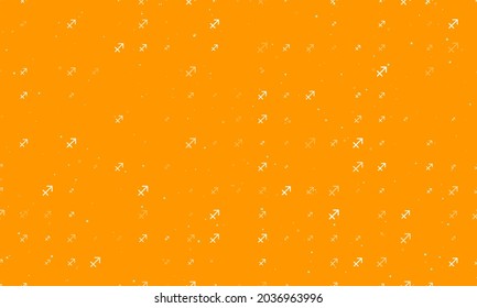 Seamless background pattern of evenly spaced white zodiac sagittarius symbols of different sizes and opacity. Vector illustration on orange background with stars