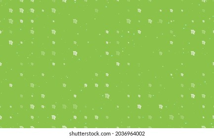 Seamless background pattern of evenly spaced white zodiac virgo symbols of different sizes and opacity. Vector illustration on light green background with stars