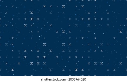 Seamless background pattern of evenly spaced white zodiac gemini symbols of different sizes and opacity. Vector illustration on dark blue background with stars
