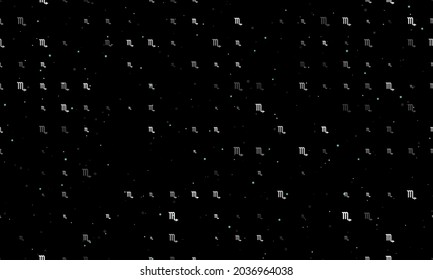 Seamless background pattern of evenly spaced white zodiac scorpio symbols of different sizes and opacity. Vector illustration on black background with stars