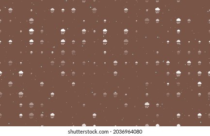 Seamless background pattern of evenly spaced white rain symbols of different sizes and opacity. Vector illustration on brown background with stars