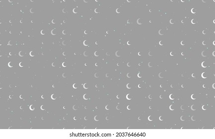 Seamless background pattern of evenly spaced white moon symbols of different sizes and opacity. Vector illustration on grey background with stars
