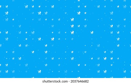 Seamless background pattern of evenly spaced white baby carriage symbols of different sizes and opacity. Vector illustration on light blue background with stars