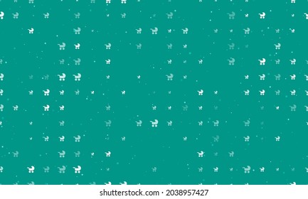 Seamless background pattern of evenly spaced white baby carriage symbols of different sizes and opacity. Vector illustration on teal background with stars