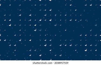 Seamless background pattern of evenly spaced white goose symbols of different sizes and opacity. Vector illustration on dark blue background with stars