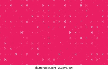 Seamless background pattern of evenly spaced white zodiac pisces symbols of different sizes and opacity. Vector illustration on pink background with stars