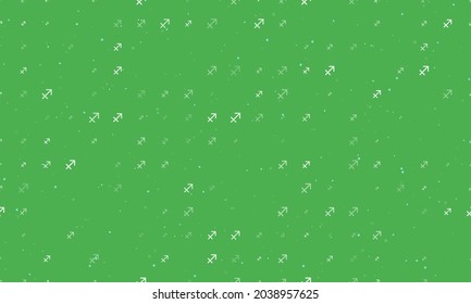 Seamless background pattern of evenly spaced white zodiac sagittarius symbols of different sizes and opacity. Vector illustration on green background with stars