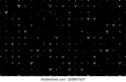 Seamless background pattern of evenly spaced white zodiac aries symbols of different sizes and opacity. Vector illustration on black background with stars