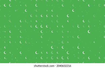 Seamless background pattern of evenly spaced white moon symbols of different sizes and opacity. Vector illustration on green background with stars