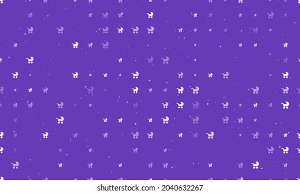 Seamless background pattern of evenly spaced white baby carriage symbols of different sizes and opacity. Vector illustration on deep purple background with stars