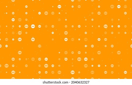 Seamless background pattern of evenly spaced white fast forward symbols of different sizes and opacity. Vector illustration on orange background with stars