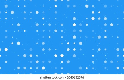 Seamless background pattern of evenly spaced white pentagon symbols of different sizes and opacity. Vector illustration on blue background with stars