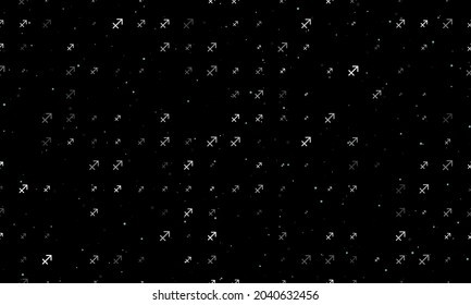 Seamless background pattern of evenly spaced white zodiac sagittarius symbols of different sizes and opacity. Vector illustration on black background with stars