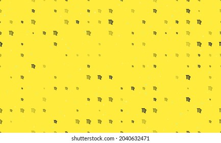 Seamless background pattern of evenly spaced black zodiac virgo symbols of different sizes and opacity. Vector illustration on yellow background with stars