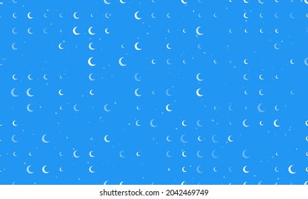 Seamless background pattern of evenly spaced white moon symbols of different sizes and opacity. Vector illustration on blue background with stars