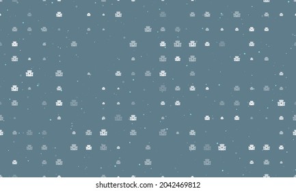 Seamless background pattern of evenly spaced white castle symbols of different sizes and opacity. Vector illustration on blue grey background with stars