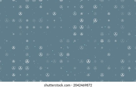 Seamless background pattern of evenly spaced white ecology symbols of different sizes and opacity. Vector illustration on blue grey background with stars