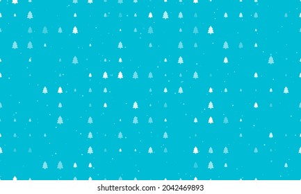 Nahtlose Hintergrundmuster mit gleichmäßig verteilten weißen Tannenbaum-Symbolen unterschiedlicher Größe und Deckkraft. Vektorgrafik auf türkisem Hintergrund mit Sternen