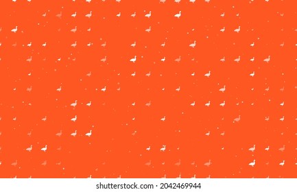 Seamless background pattern of evenly spaced white goose symbols of different sizes and opacity. Vector illustration on deep orange background with stars